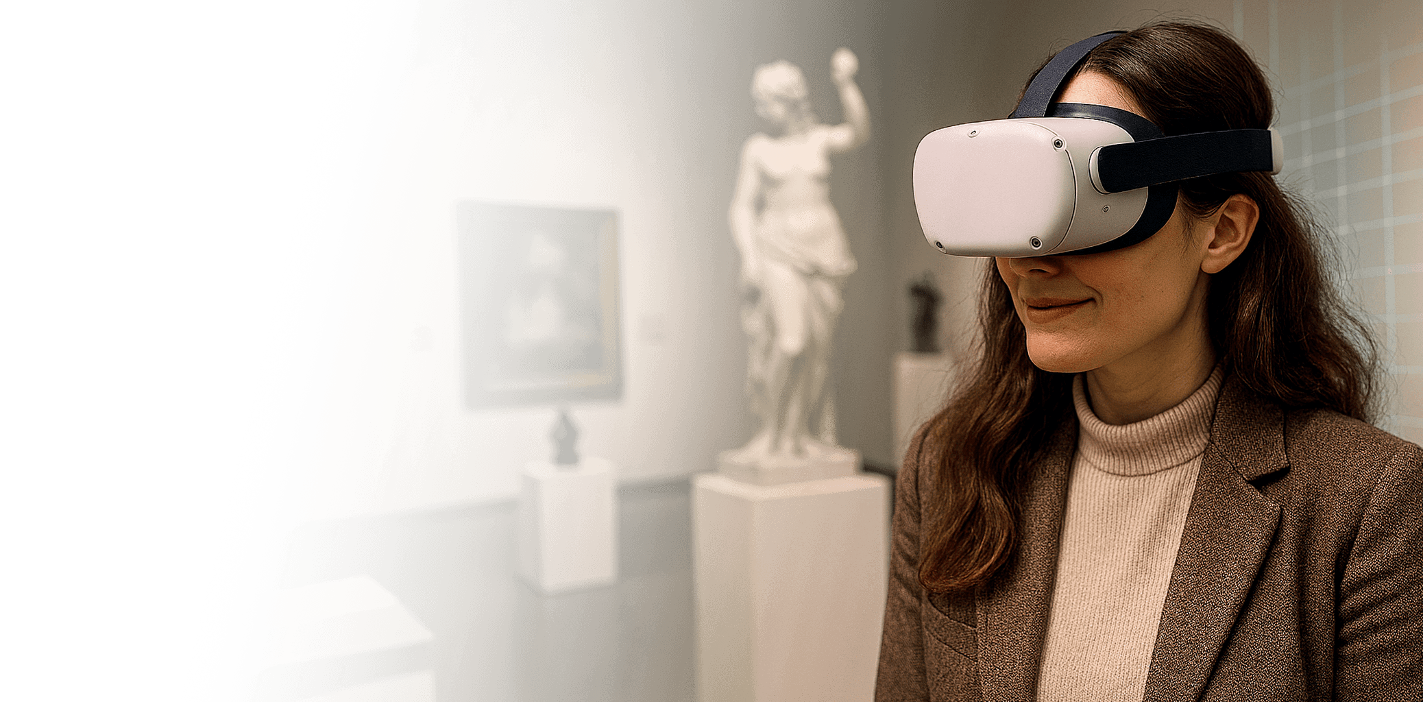 Hero Background: Woman wearing VR headset in an art museum